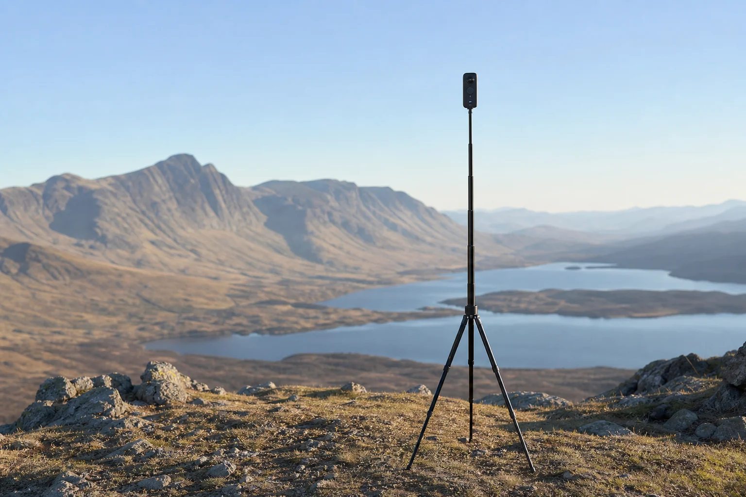 Insta360 X3 mounted on extended tripod stand in outdoor landscape