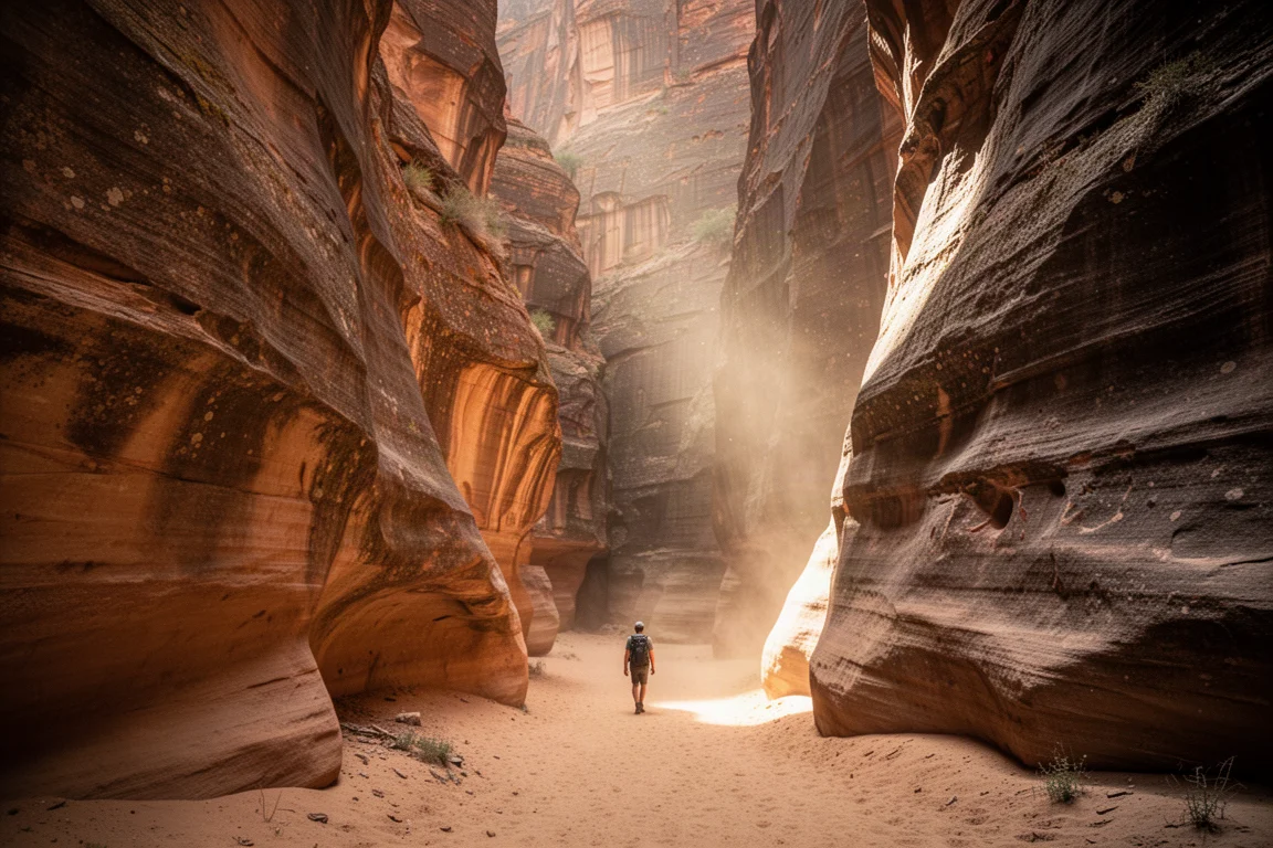 Stretto canyon di arenaria nello Utah con luce calda riflessa e un escursionista in lontananza per dare la scala