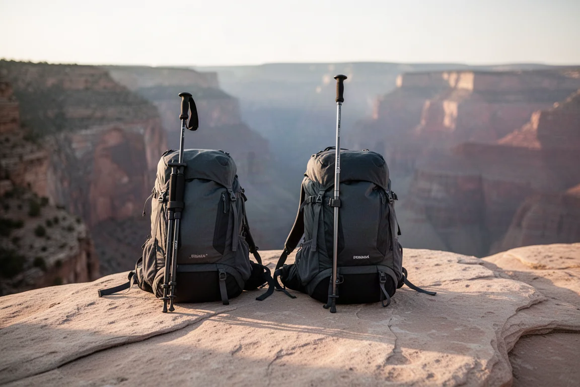 Zaino con una videocamera montata su un'asta sottile fissata sopra una lastra di slickrock sopra un canyon
