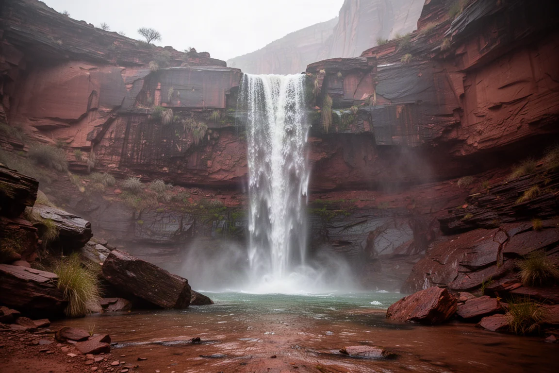 Cascata che precipita sulla roccia rossa in una pozza in un canyon desertico