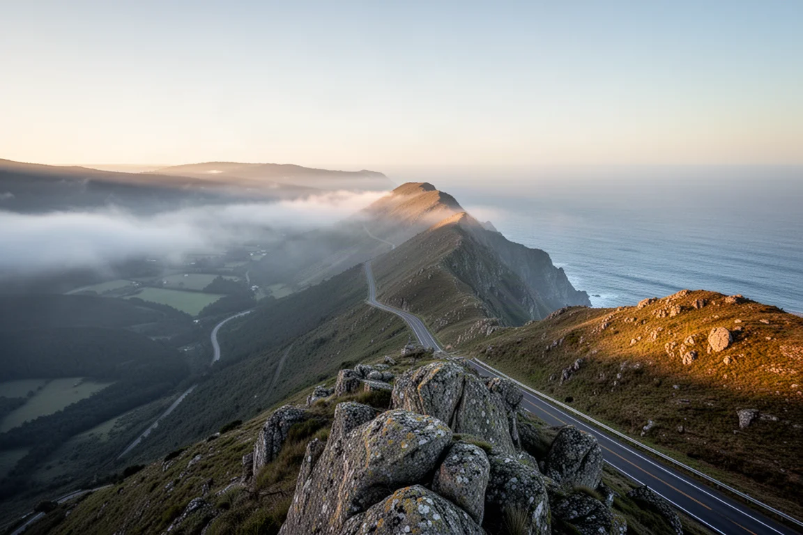 Elevated view of a coastal road winding along cliffs at sunrise