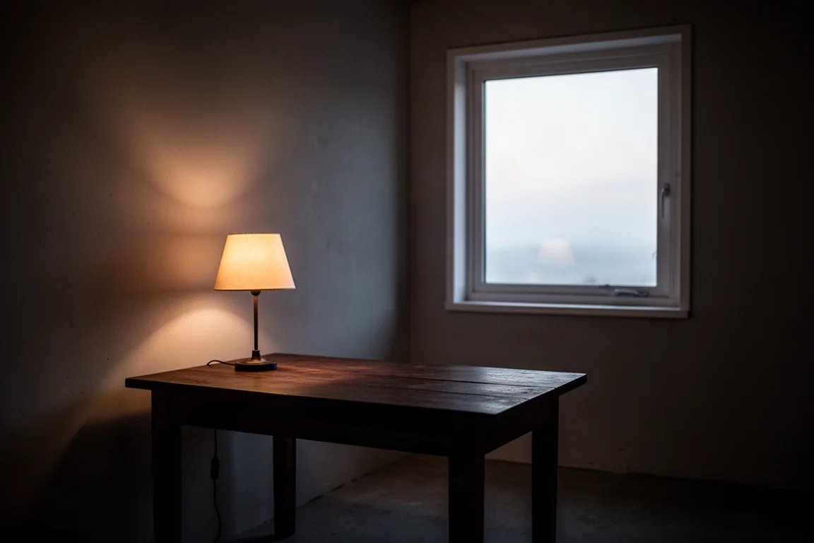 Dim interior at dusk with a warm lamp and a bright window
