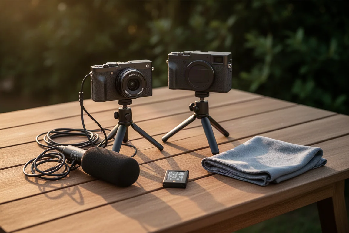 Outdoor table with camera on tripod, external microphone, cables and battery