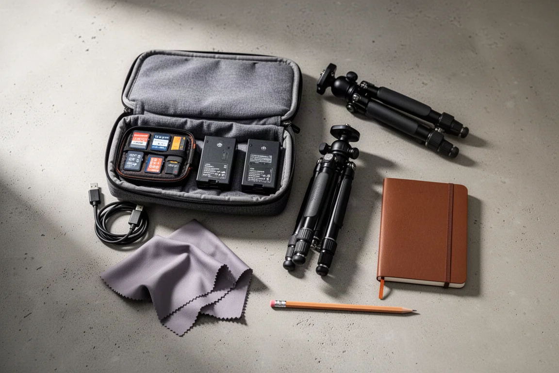 Overhead flat-lay of camera bag essentials on a concrete surface