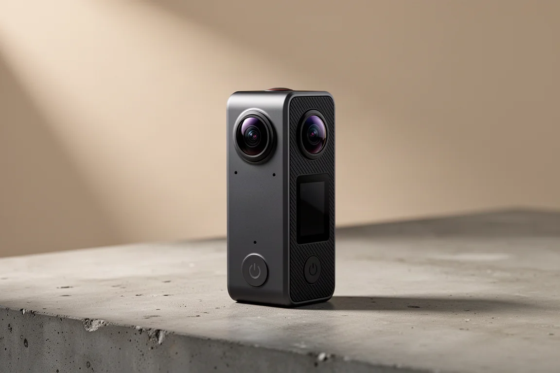 Action camera 360 compatta con due lenti fisheye opposte su una superficie di cemento