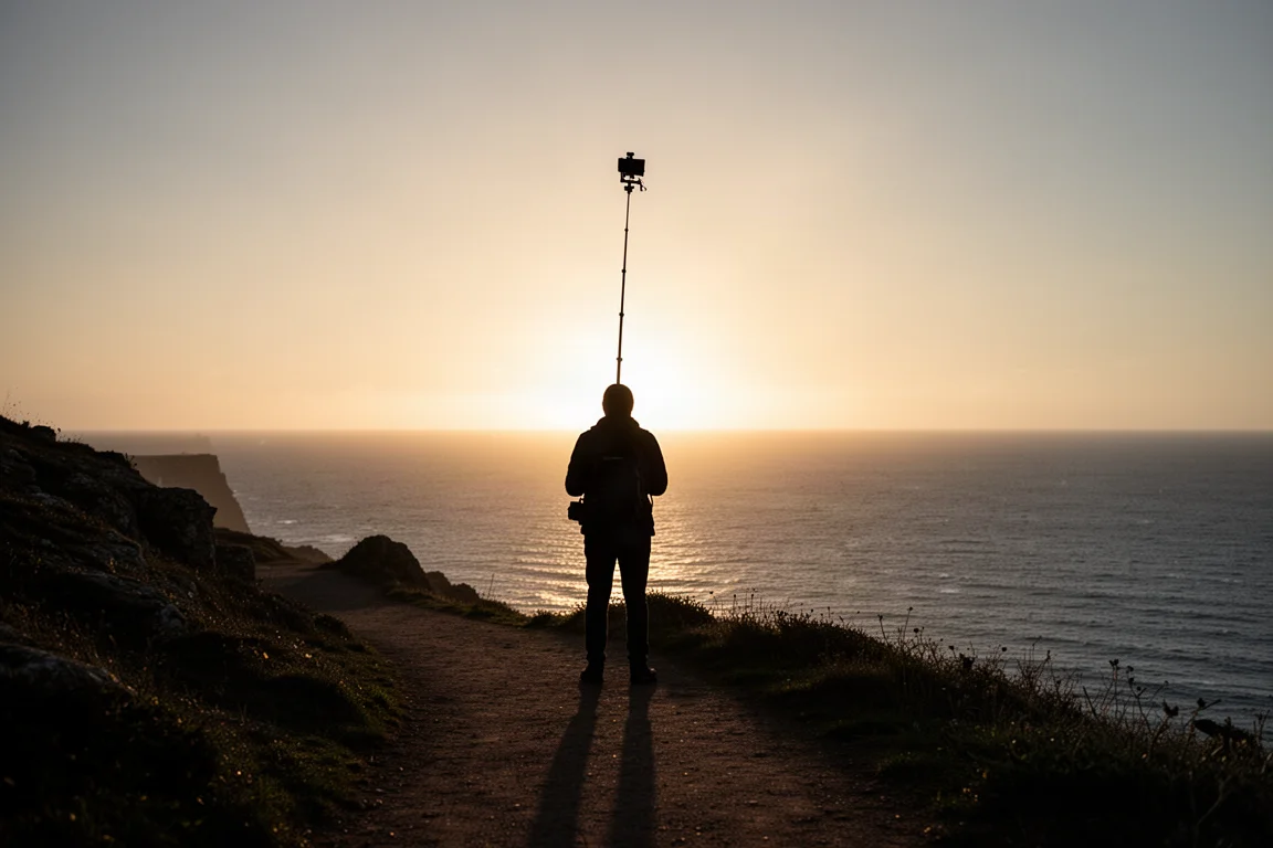 Silhouetted filmmaker holding a camera on an extended pole on a coastal cliff at golden hour