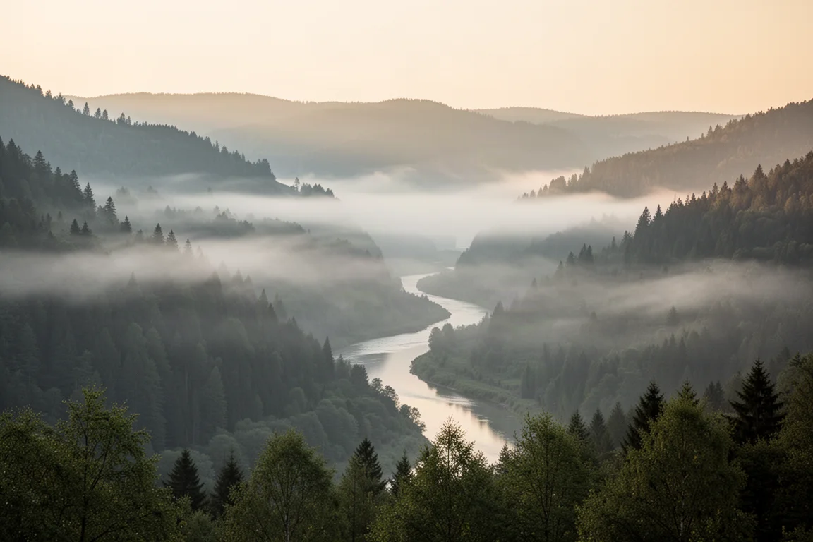 High vantage view over a misty mountain valley with a winding river at dawn