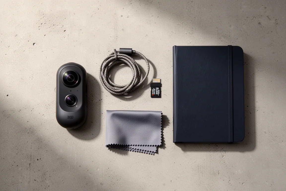 Overhead flat lay of a compact 360 camera, cable, memory card and notebook on concrete