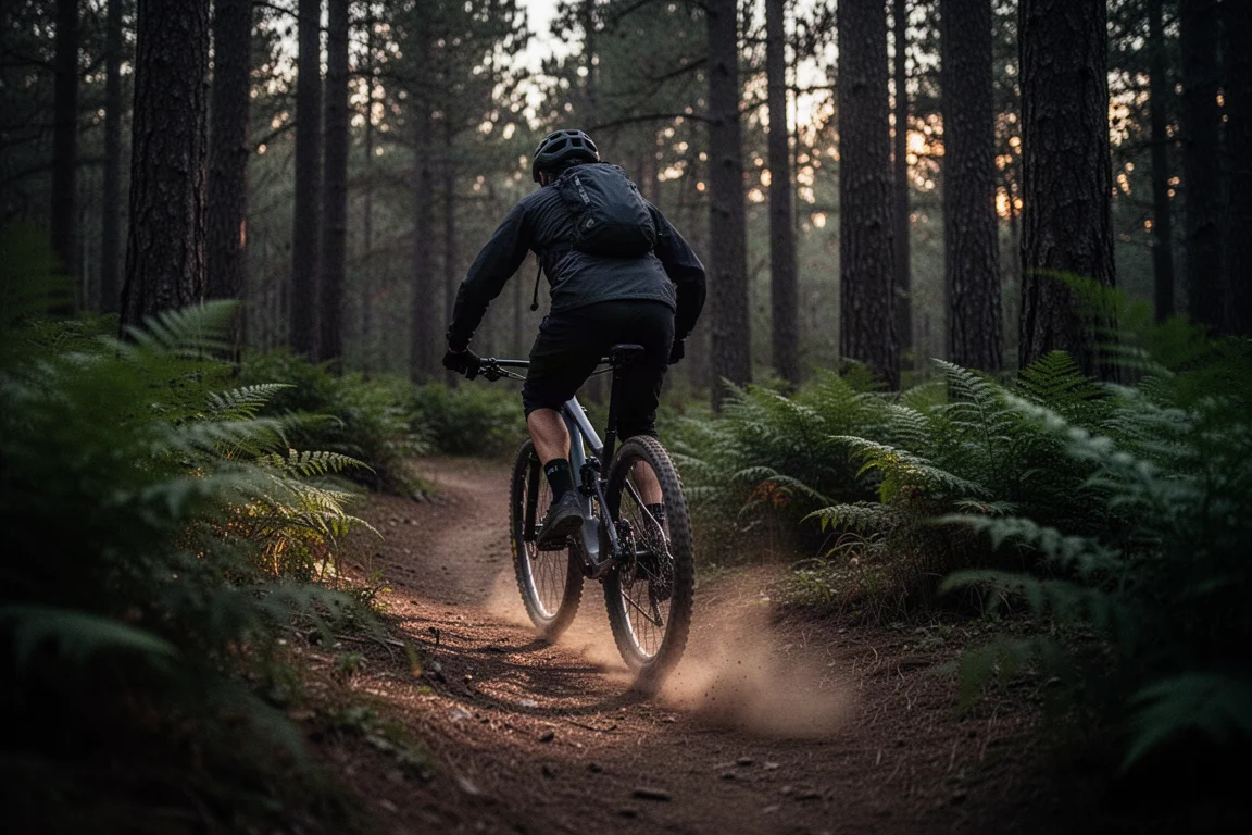 Mountain biker descending a forest trail at dusk with dust and motion blur
