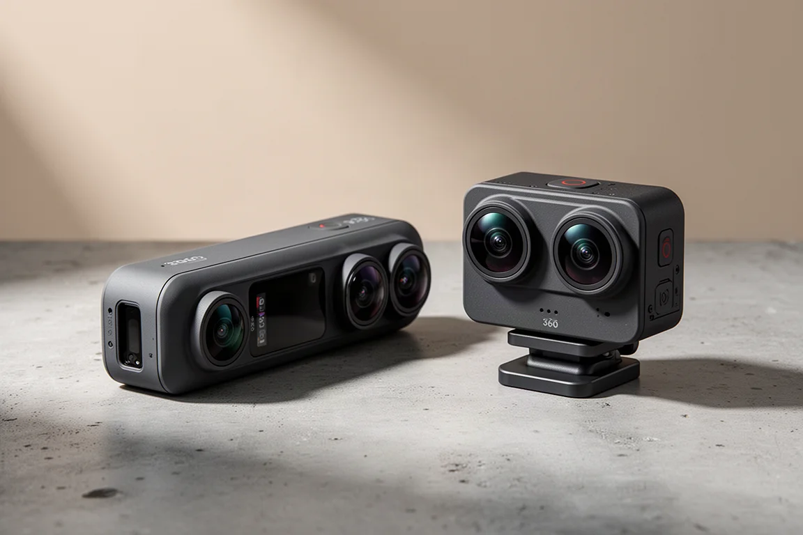 Två kompakta 360-actionkameror sida vid sida på en matt betongyta