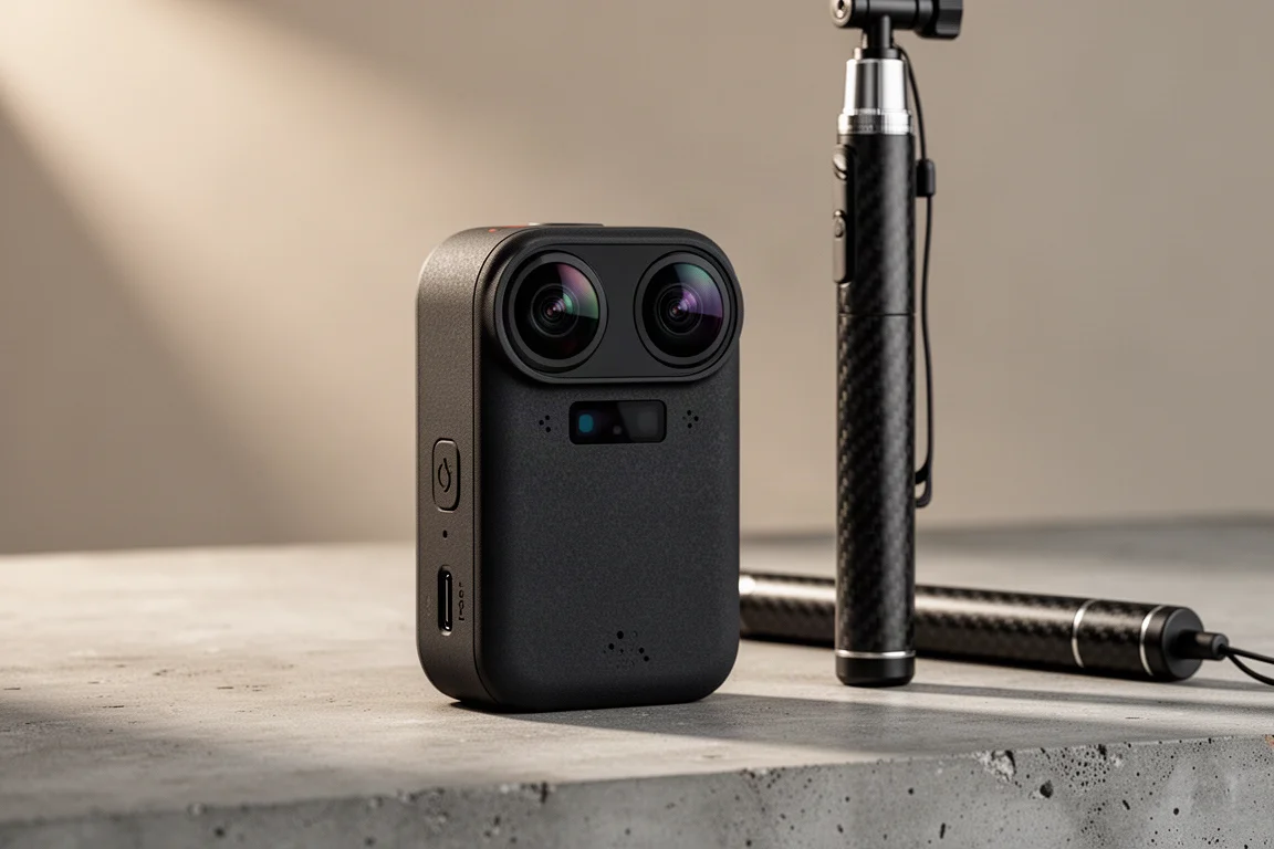 Compacte zwarte 360-actiecamera met twee fisheye-lenzen op een betonnen ondergrond