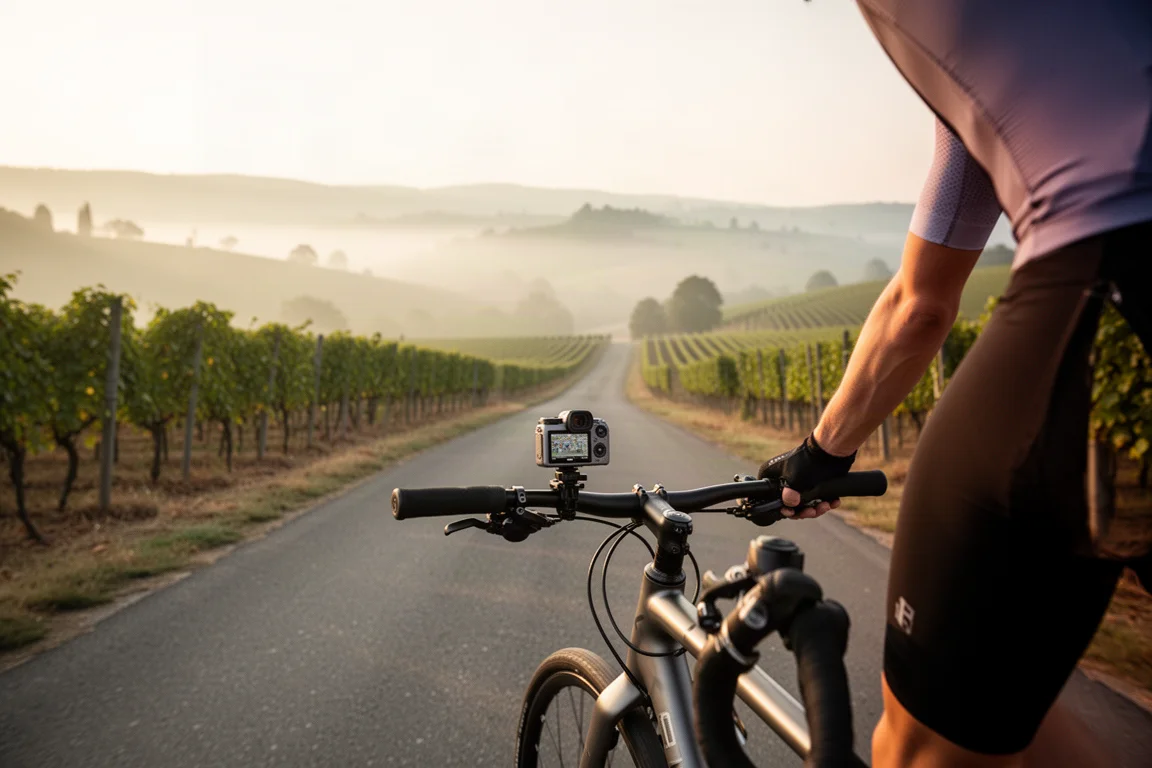 Cycliste roulant sur une route de vignoble tranquille au lever du soleil, caméra fixée sur le cintre