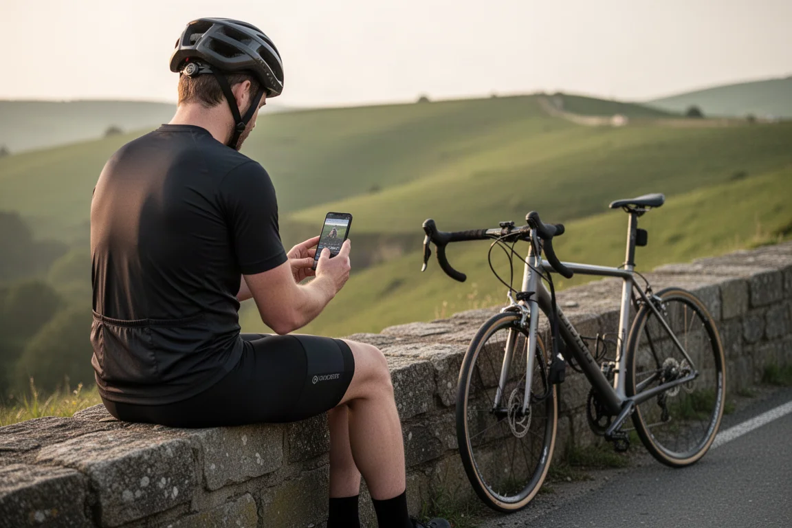 Cycliste visionnant des images sur son téléphone lors d'une halte au bord de la route, vélo à proximité