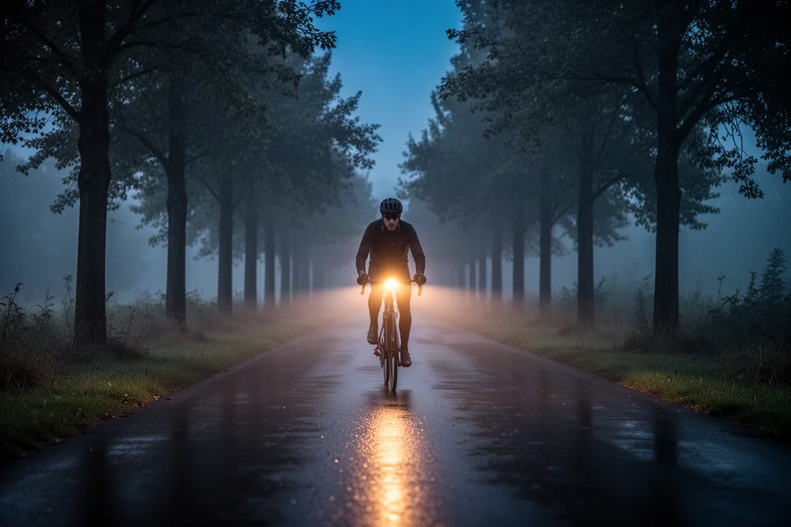 Cycliste roulant sur une petite route bordée d'arbres mouillée au crépuscule, faisceau de phare dans la brume