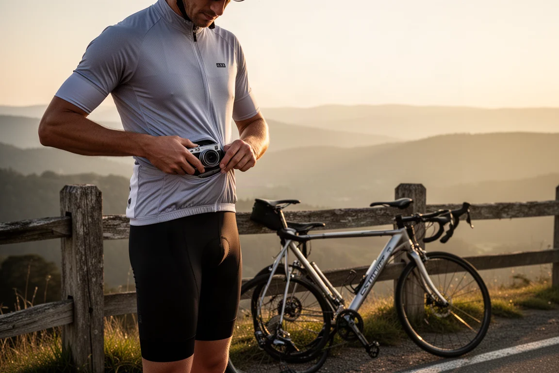 Cycliste à un point de vue en bord de route rangeant une caméra dans sa poche de maillot à l'heure dorée