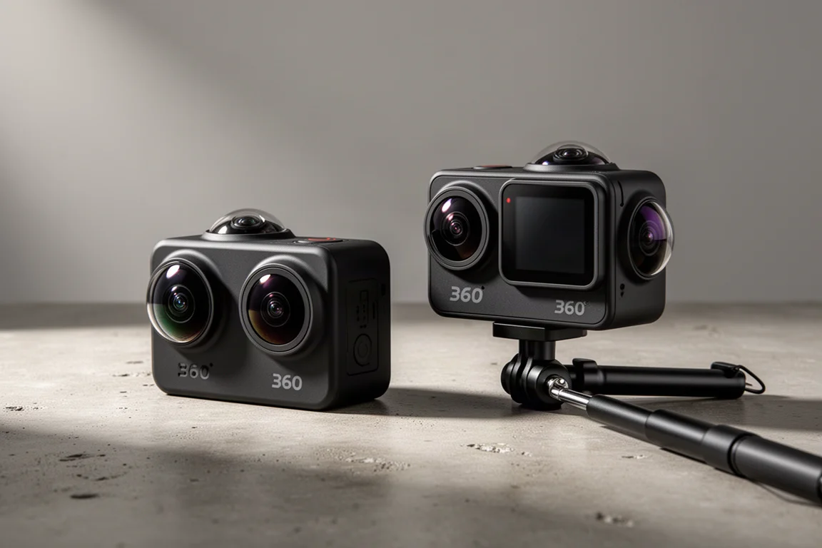 Deux caméras d'action 360 noires et compactes posées sur du béton avec une perche à selfie