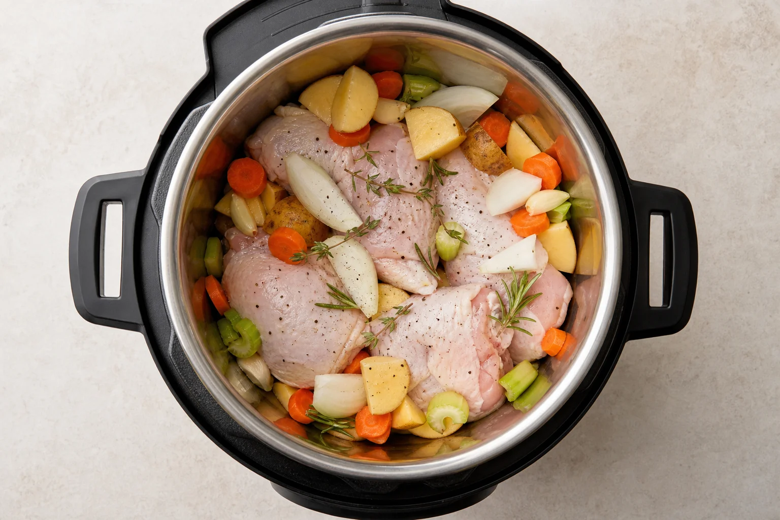 Draufsicht auf einen Instant Pot mit Hähnchen und Gemüse darin