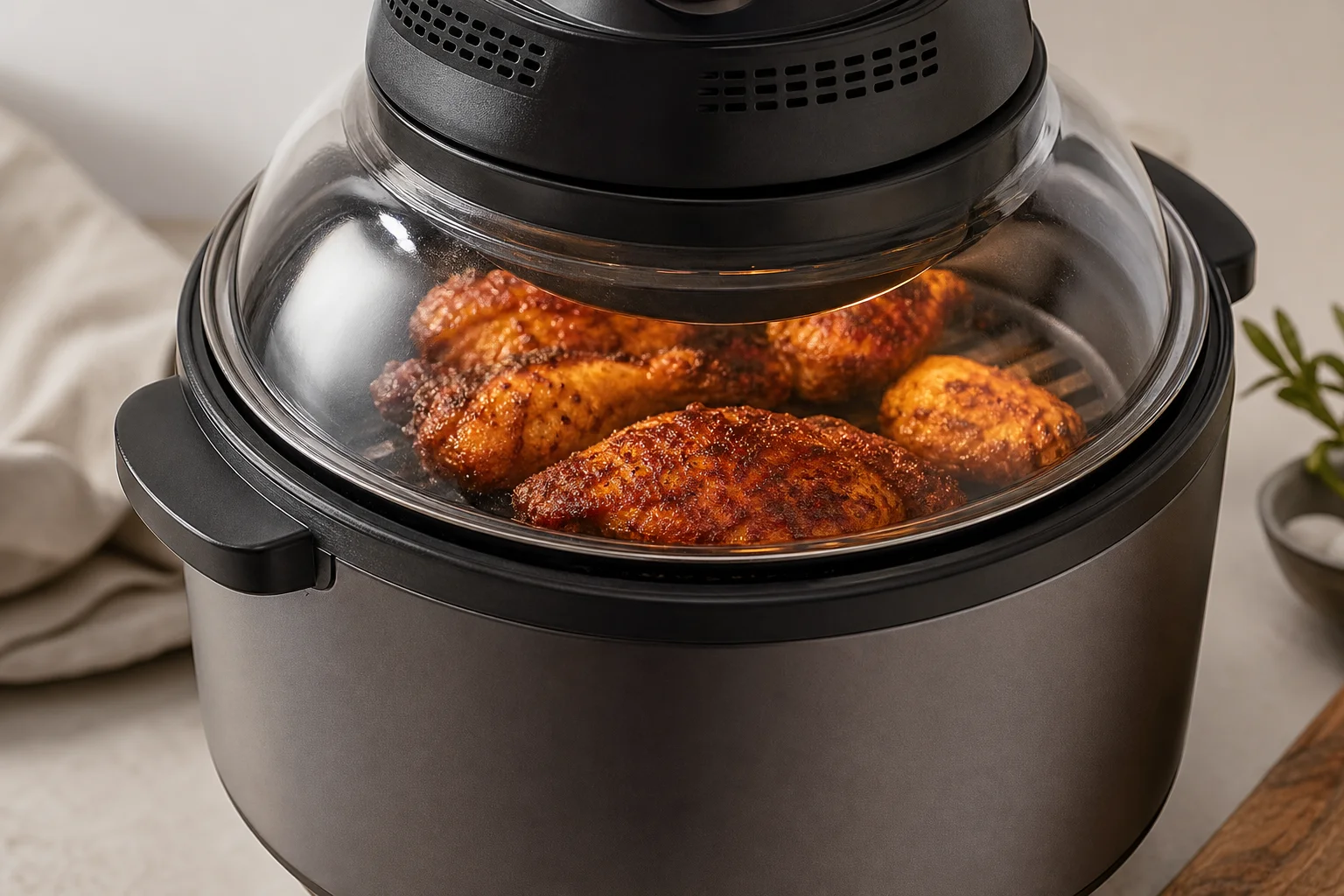 Aufgesetzter Air Fryer-Deckel auf einem Instant Pot mit goldbraunem Hähnchen