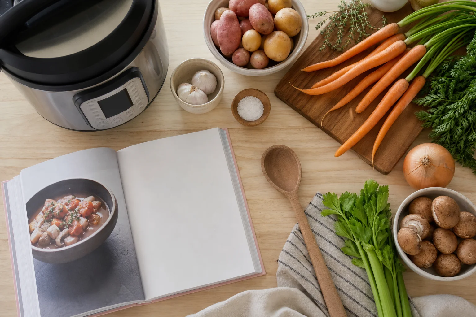 Küchenarbeitsplatte mit Instant Pot, Rezeptbuch und frischen Zutaten
