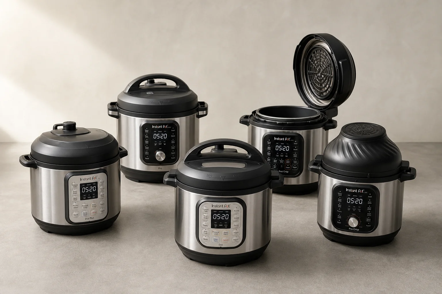 Samling av fem Instant Pot-modeller uppställda på en betongyta