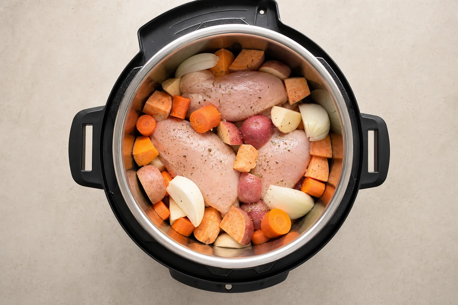 Overhead view of a pressure cooker with chicken and vegetables inside ready to cook
