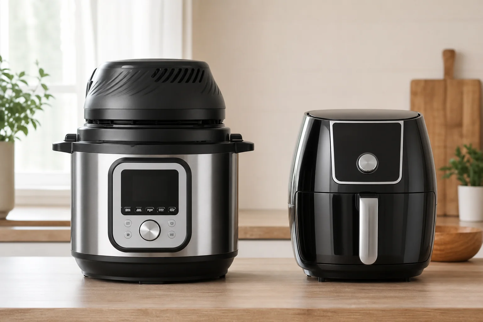 Instant Pot with air-frying lid on a kitchen counter next to a traditional air fryer
