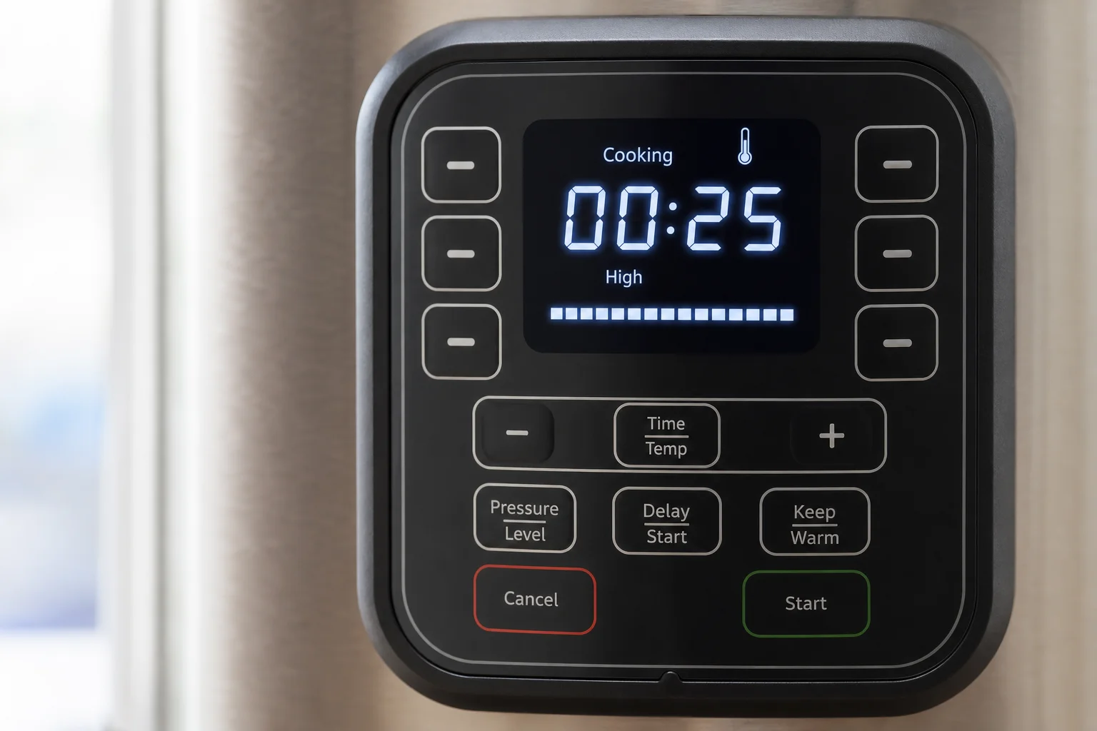 Digital display screen of an Instant Pot showing cooking status and timer information