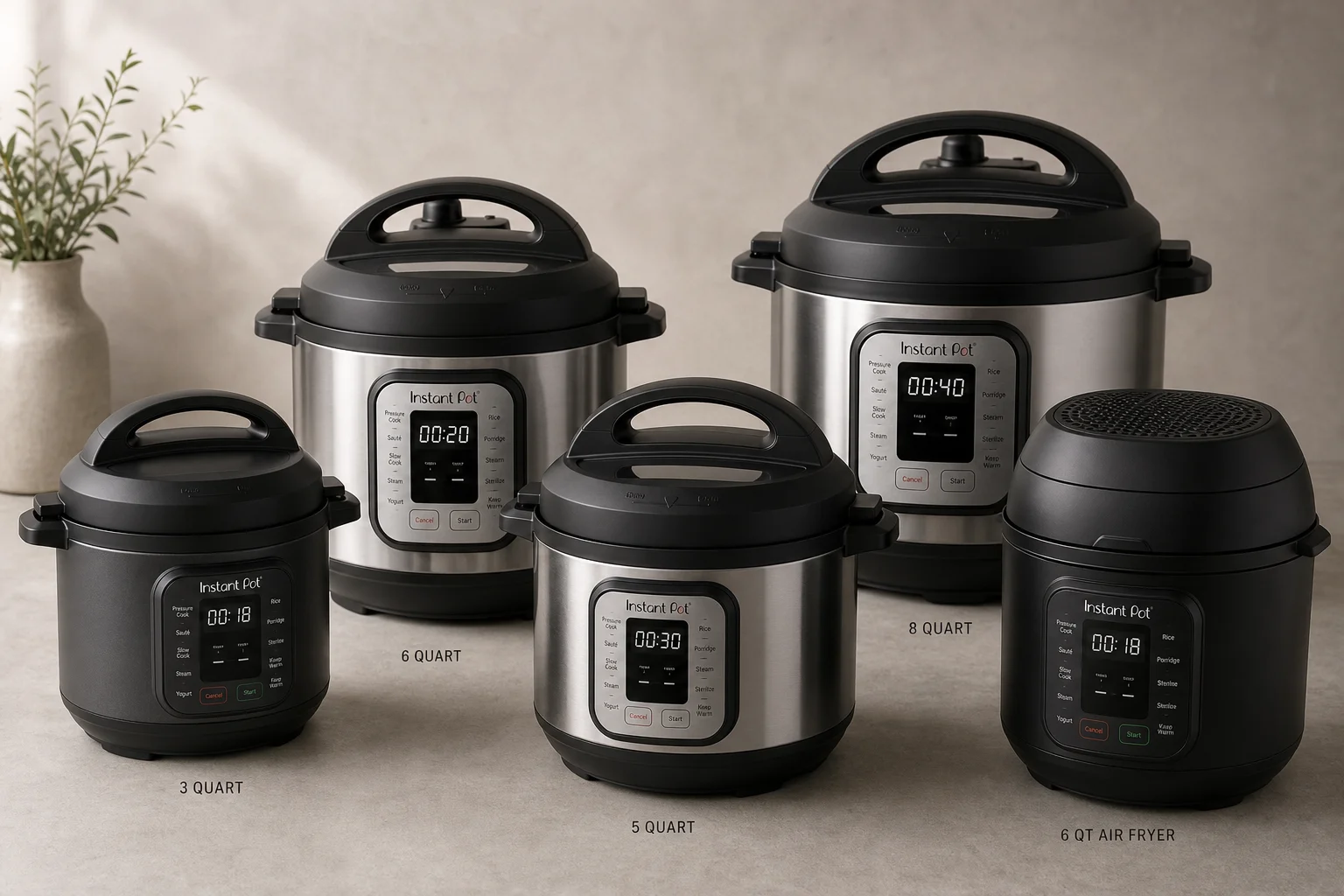 En samling Instant Pot-modeller i olika storlekar med olika lock på en betongyta