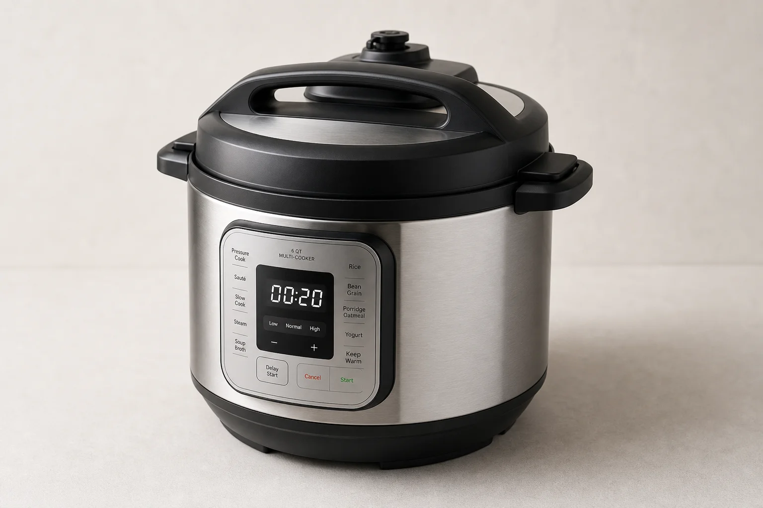 콘크리트 바닥 위에 크기별로 나란히 놓인 5개의 Instant Pot 모델