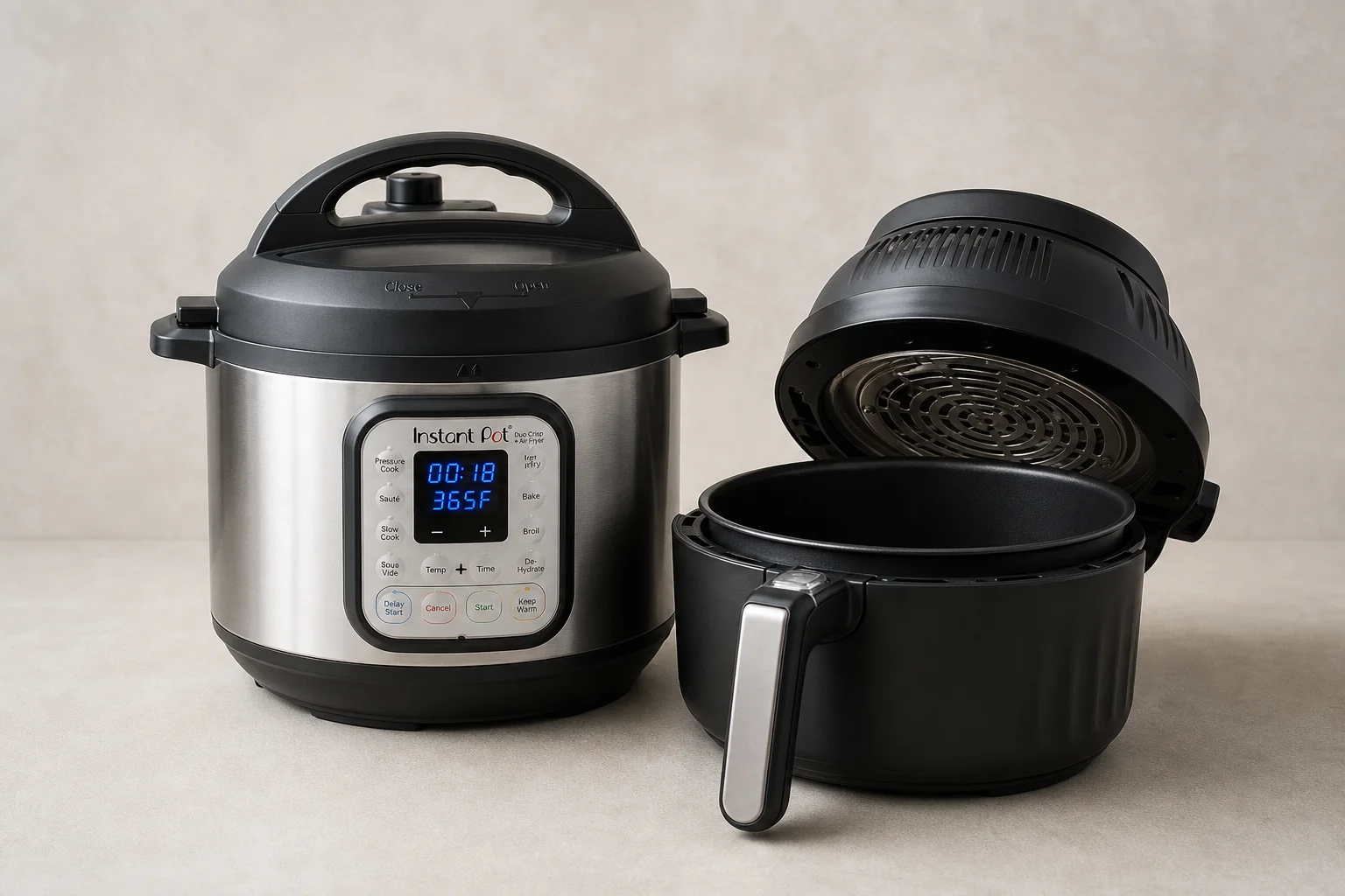 Sammlung von fünf Instant Pot Modellen auf einer Betonoberfläche angeordnet