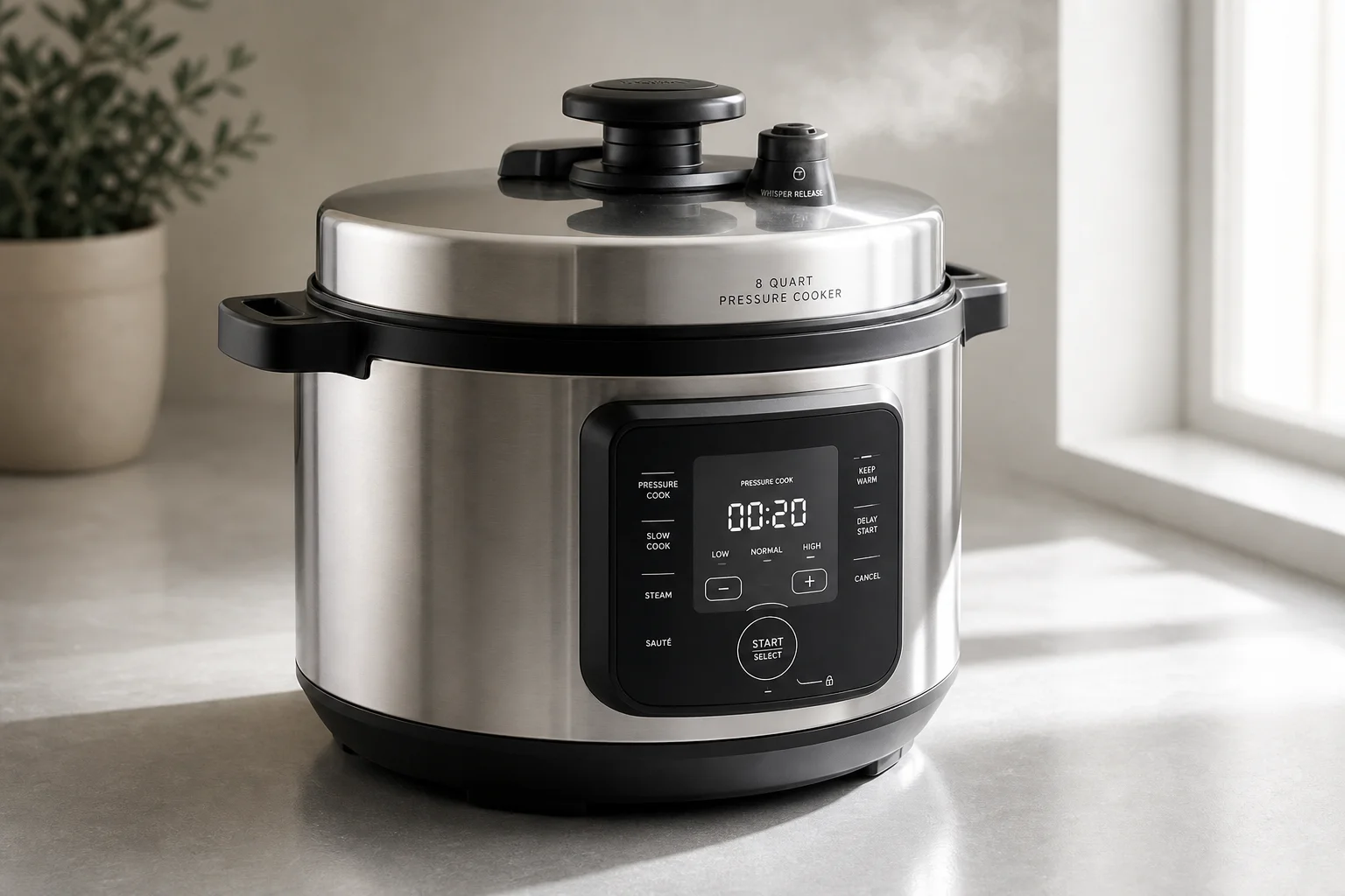콘크리트 바닥 위에 크기별로 나란히 놓인 5개의 Instant Pot 모델