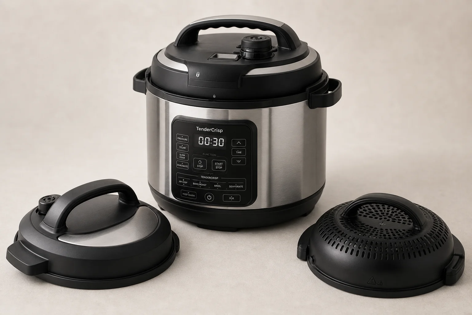 콘크리트 바닥 위에 크기별로 나란히 놓인 5개의 Instant Pot 모델