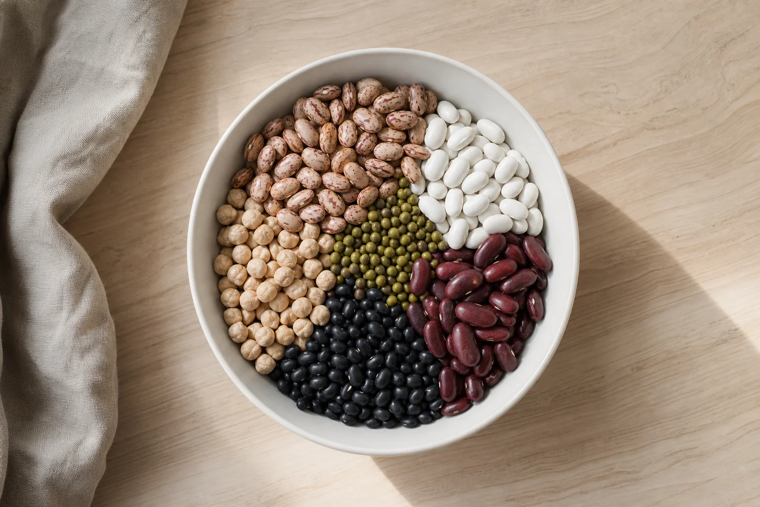 Overhead view of dried beans in a white bowl on a kitchen counter