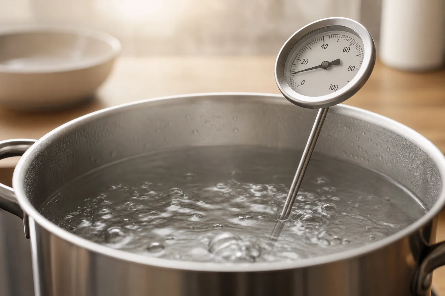 Thermometer in simmering pot showing temperature reading during cooking