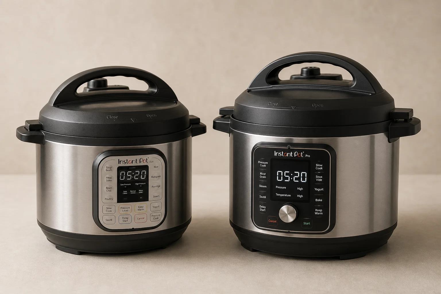 Instant Pot Duo och Instant Pot Pro multikokare sida vid sida mot en neutral bakgrund