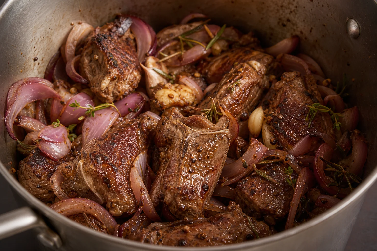 Seared lamb pieces in a stainless steel pot with red onions and herbs