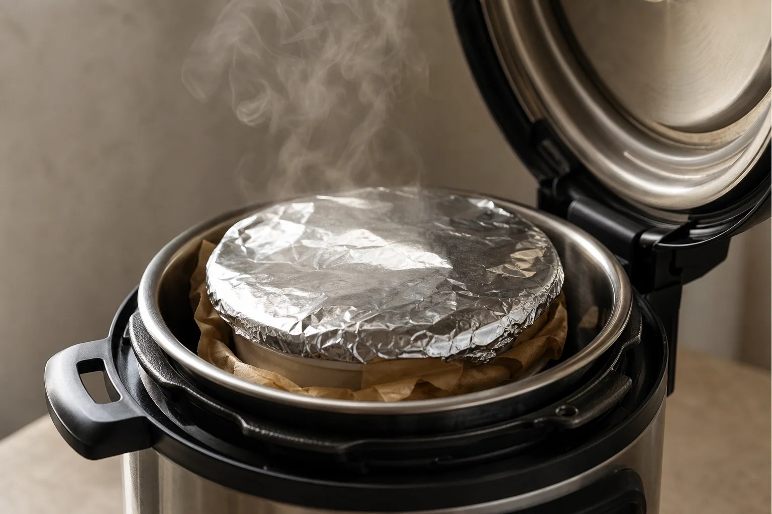 A steamed pudding in a ceramic basin with foil covering, steam rising