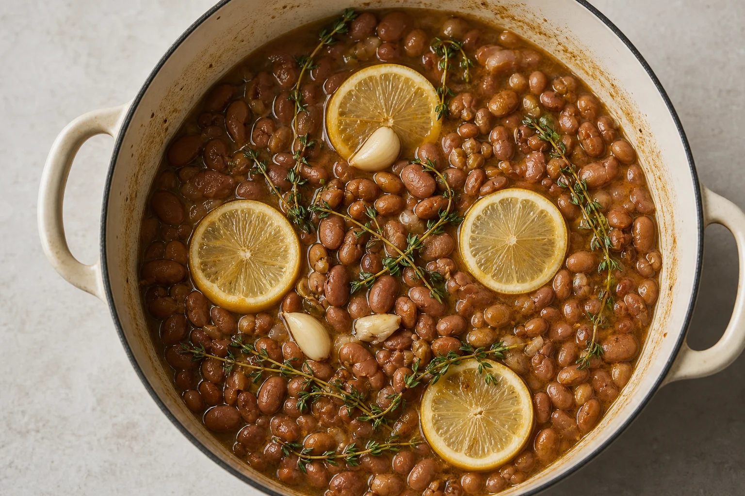 Cooked pinto beans in a pot with lemon, garlic, and fresh herbs visible