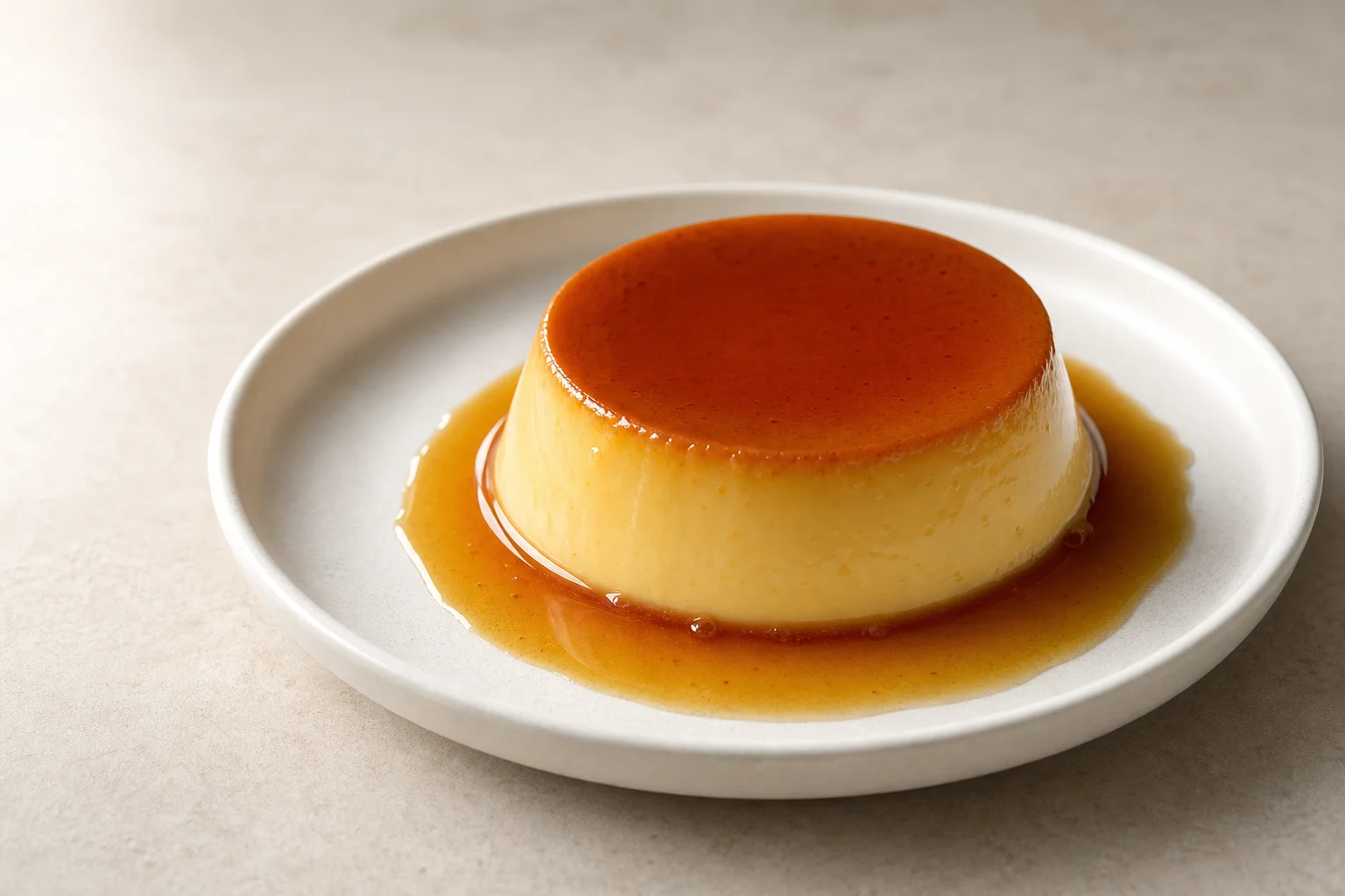 A turned-out crème caramel on a white plate with caramel sauce pooling around it