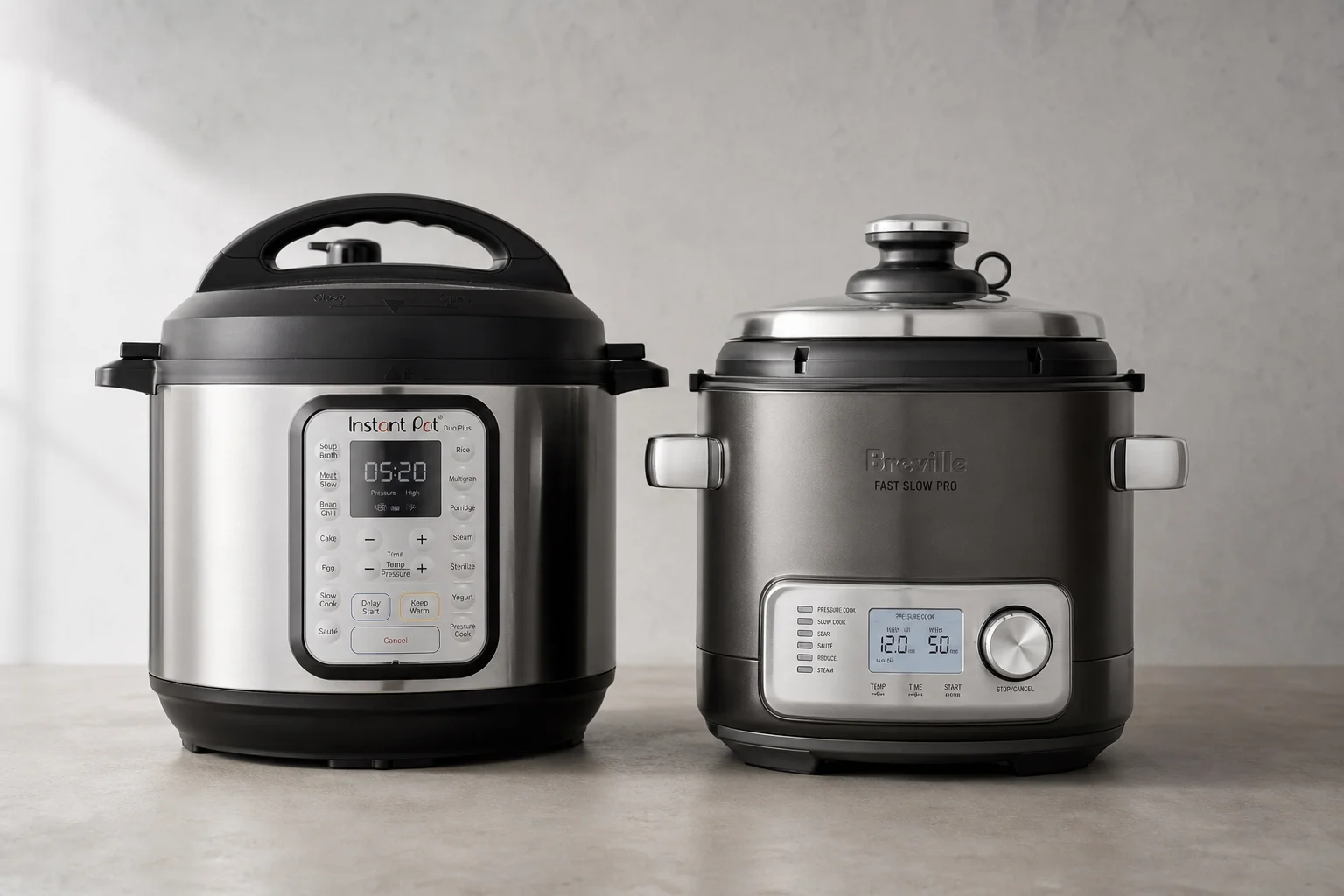 Instant Pot 與 Breville Fast Slow Pro 多功能壓力鍋並排放在水泥檯面上