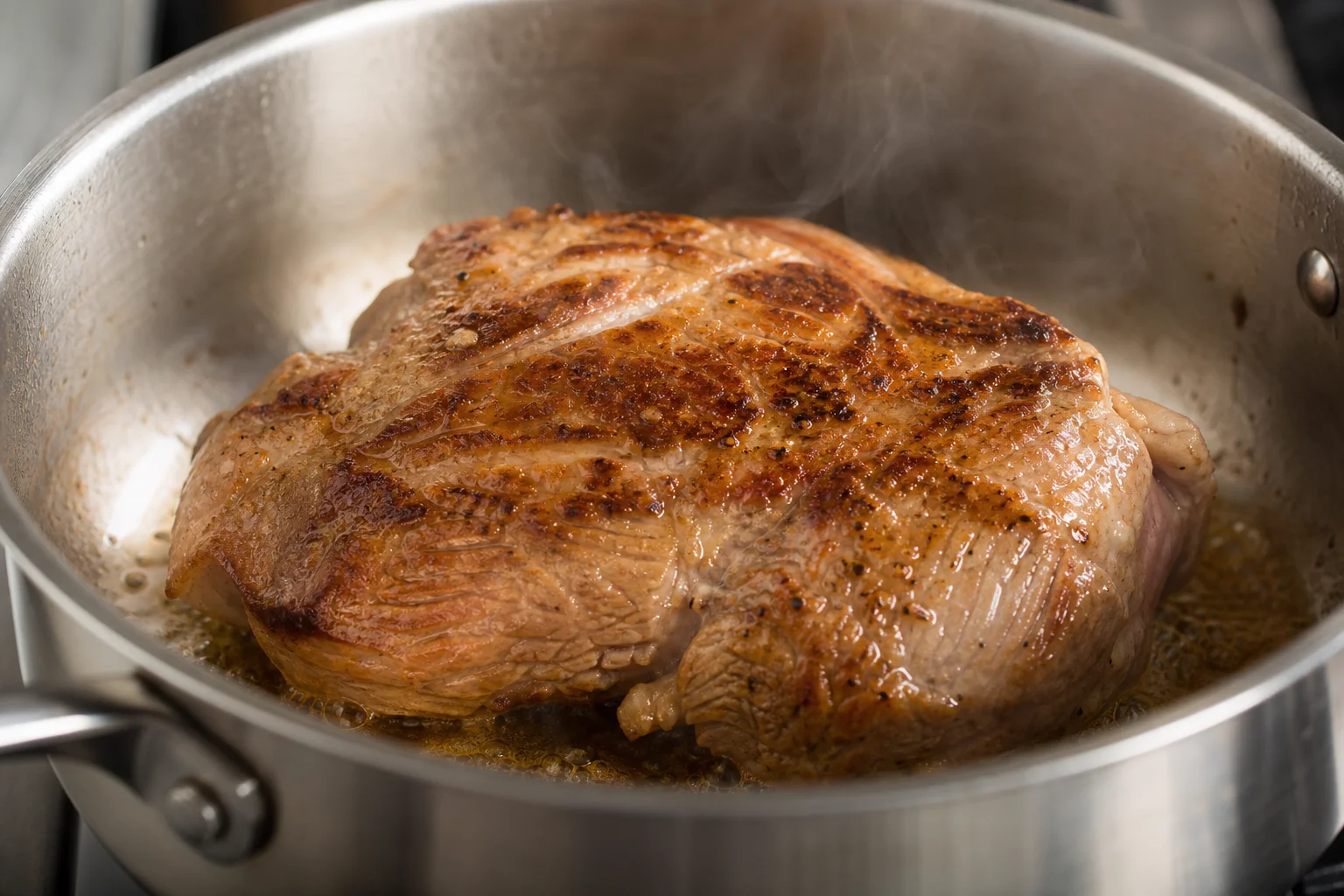 Pork shoulder sizzling in a multicooker pot with visible browning