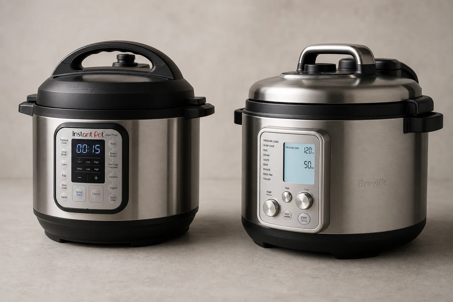Instant Pot 與 Breville 多功能壓力鍋並排放在水泥檯面上