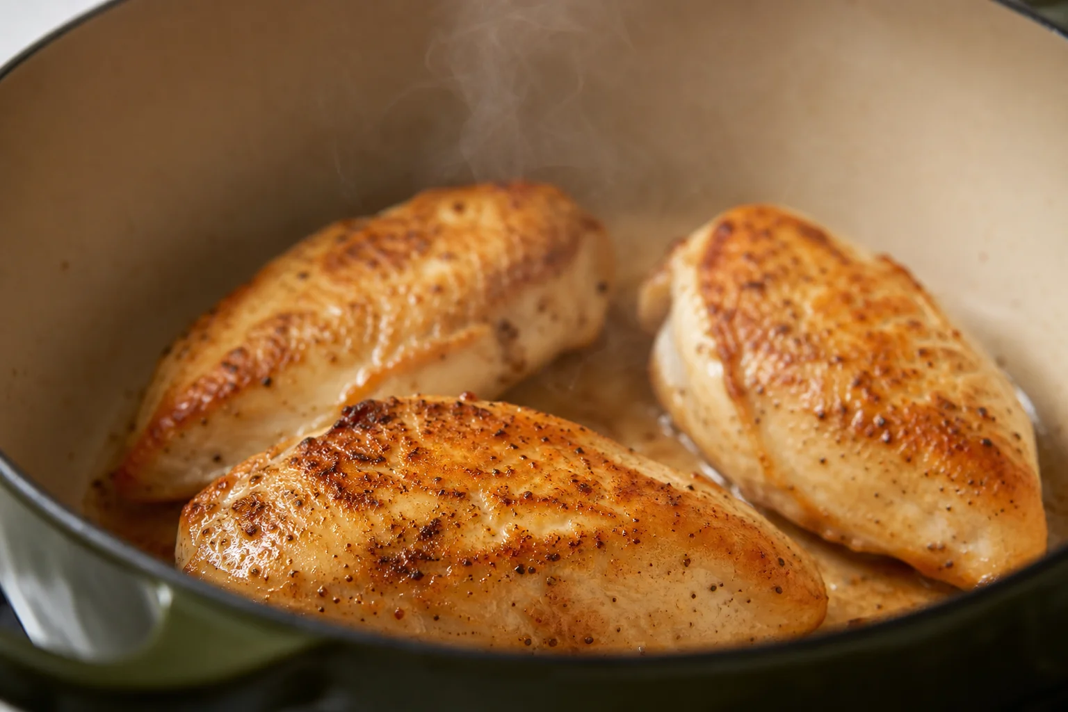 Chicken breasts being seared in slow cooker pot with golden-brown color