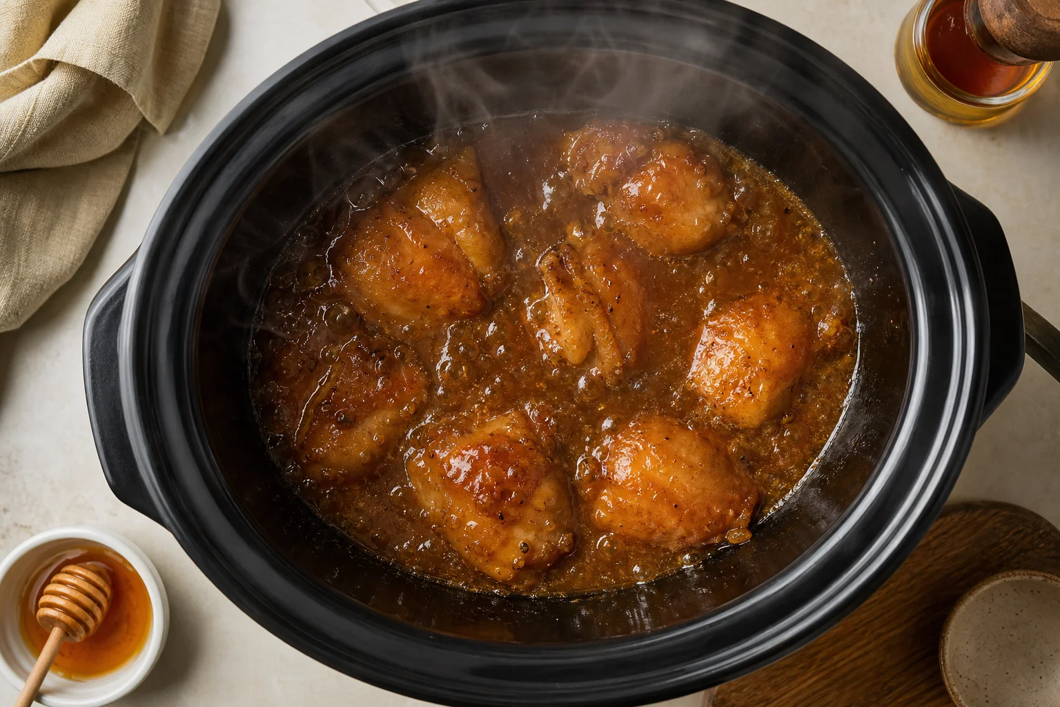 Honey bourbon sauce with chicken in slow cooker showing rich amber color and steam