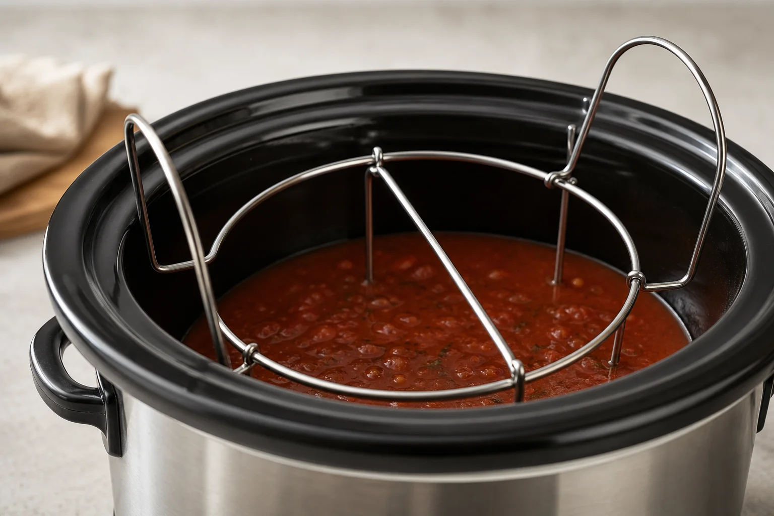 Lifting rack accessory positioned above sauce in slow cooker pot