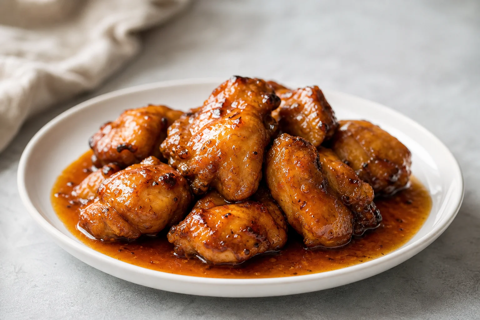 Finished honey bourbon chicken plated on white dish with sauce