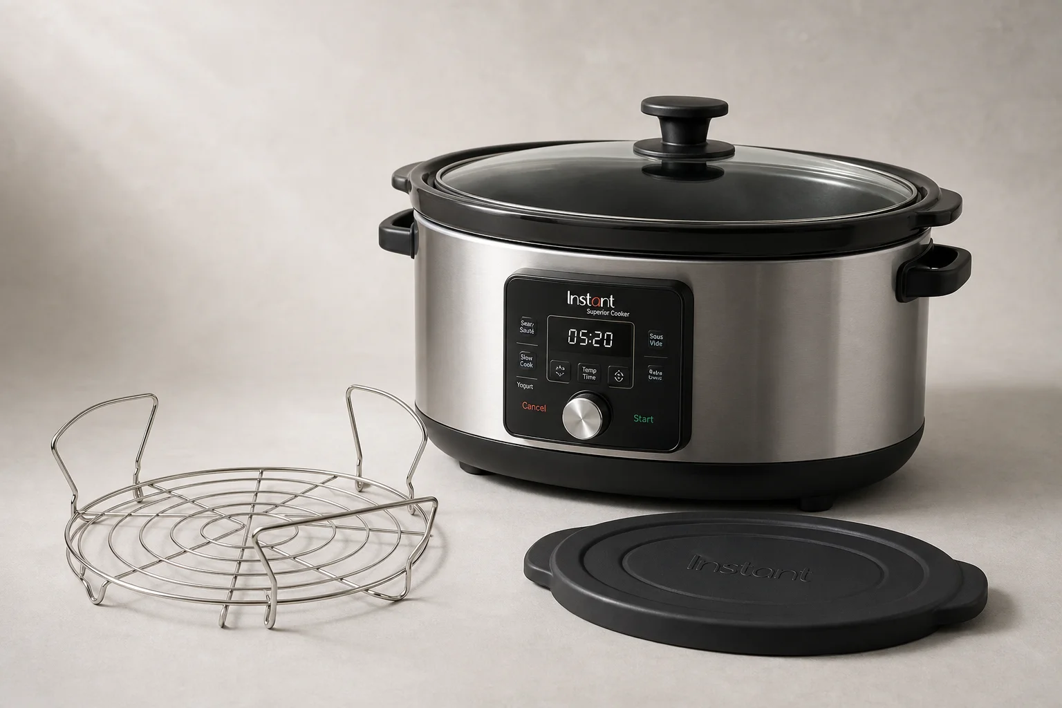 Instant Superior Cooker slowcooker med glaslock, kontrollpanel, lyftgaller och transportlock på en neutral bakgrund