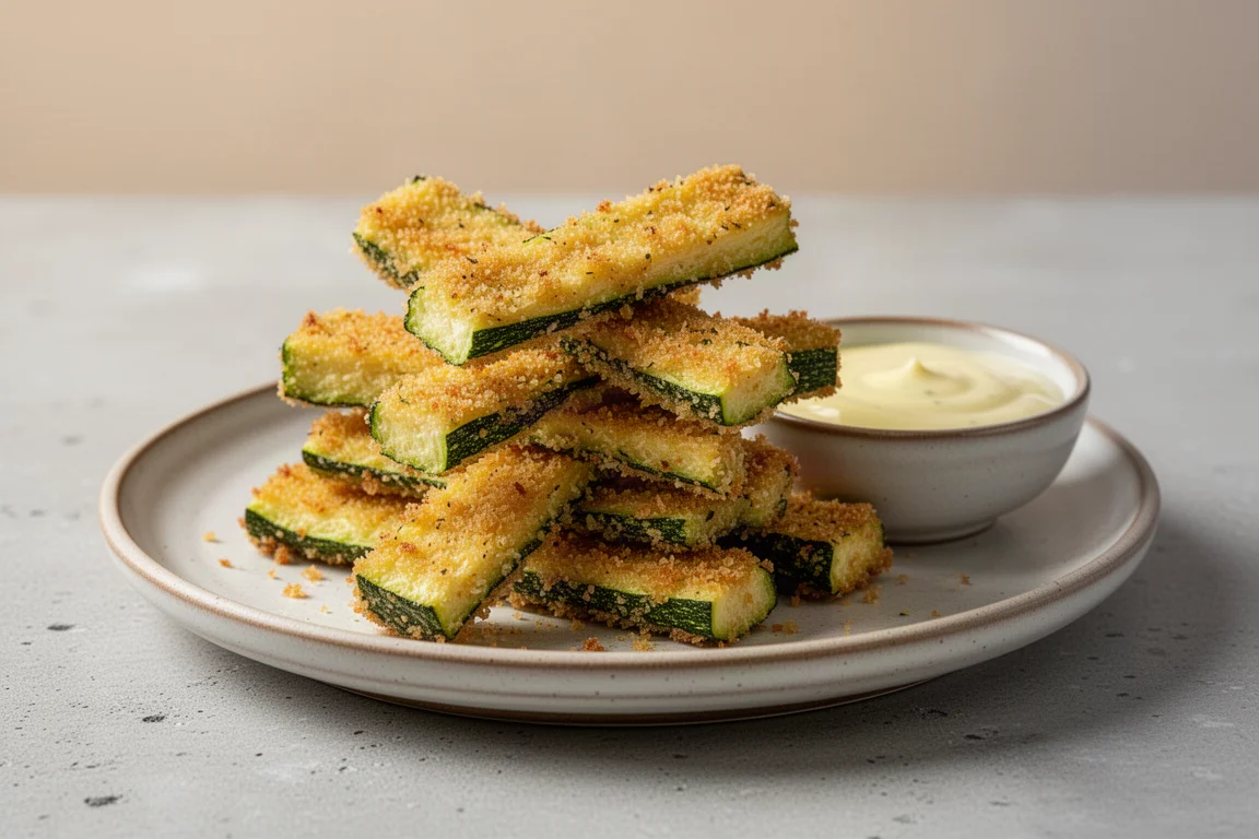 Crispy golden zucchini fries plated on parchment with a lemony dipping sauce