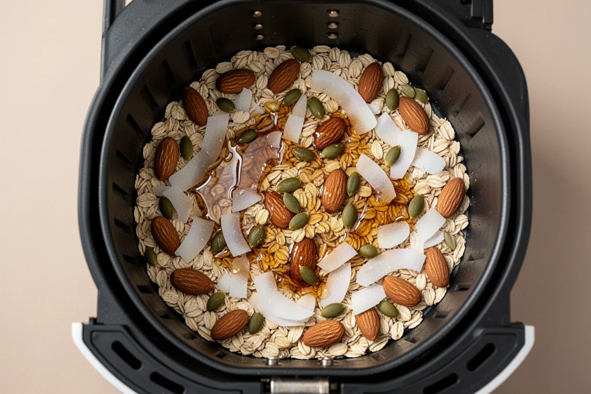 Air fryer basket lined with an even thin layer of granola ingredients
