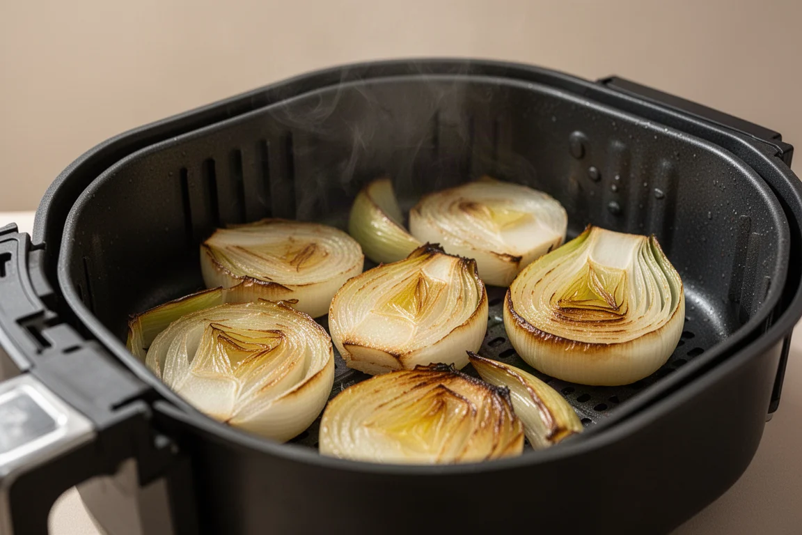 Tender browned leek halves in a single layer inside an air fryer basket